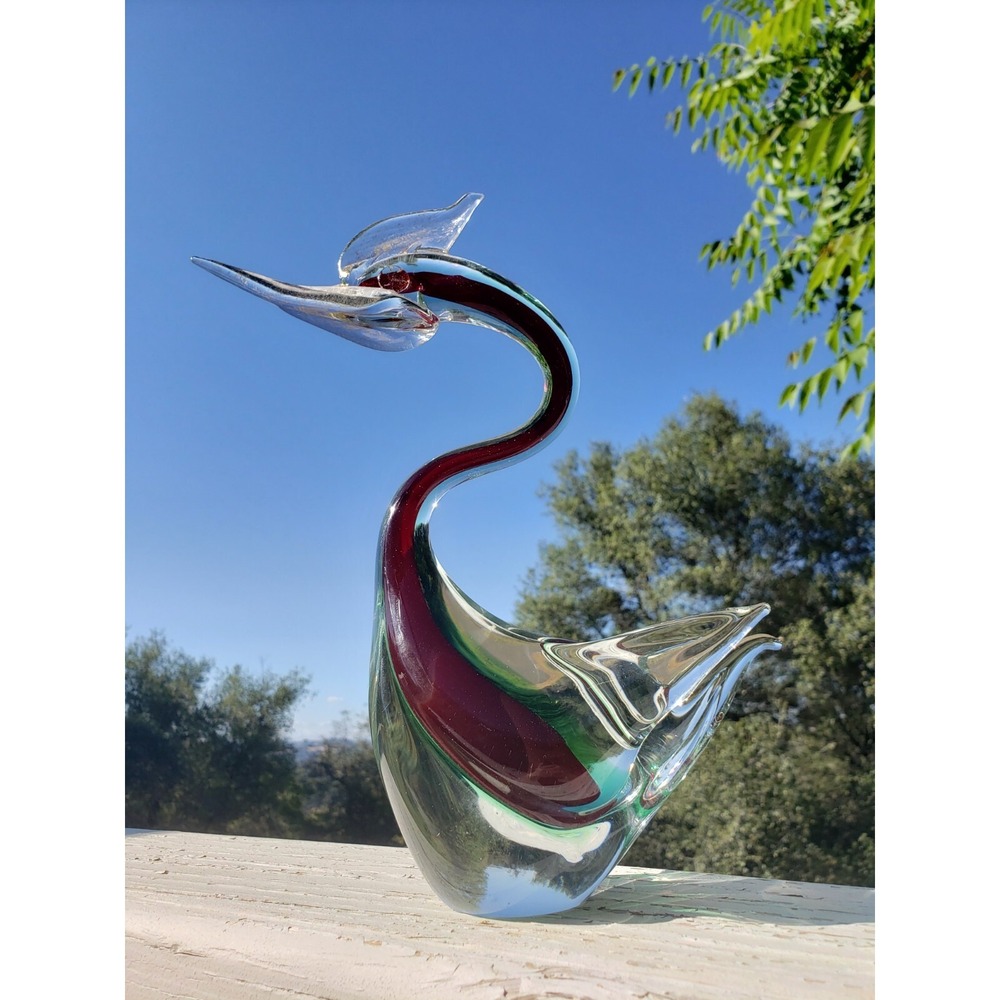 Vintage Murano Glass Swan‎ Sommerso Red Green & Clear Mid-Century 10.5 Inch - Picture 6 of 12